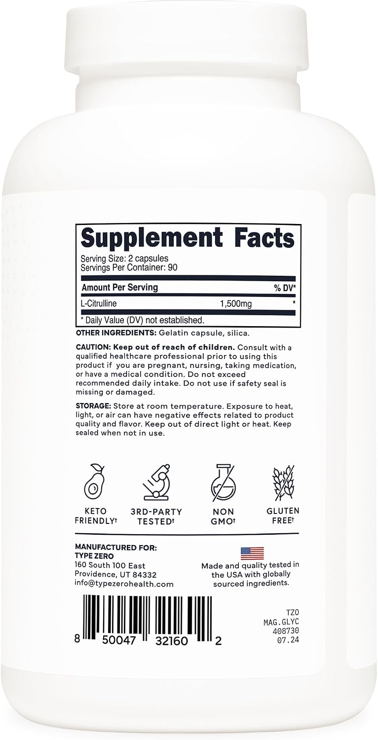 Type Zero L-Citrulline (1,500mg) 180 Capsules, GMO-Free, Keto-Friendly