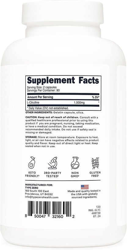 Type Zero L-Citrulline (1,500mg) 180 Capsules, GMO-Free, Keto-Friendly