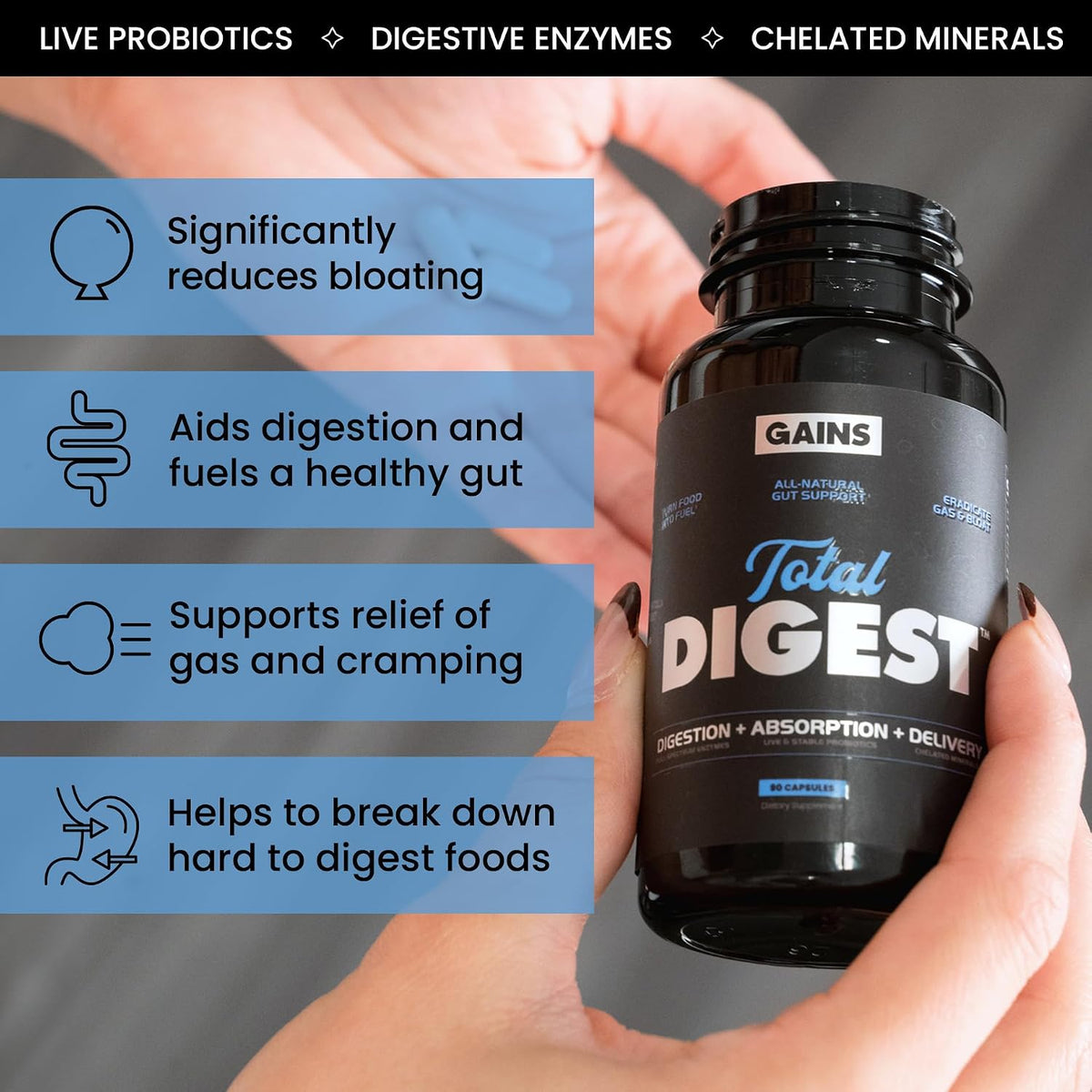 Gains in Bulk Total Digest Digestive Enzymes with Probiotics, 270 Capsules