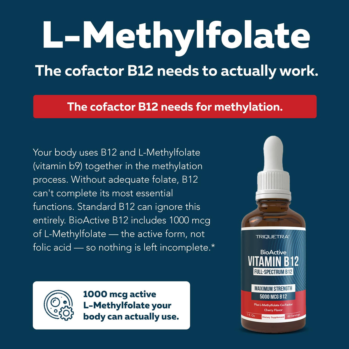 BioActive Vitamin B12 - 5000 mcg, Contains 3 BioActive Forms Methylfolate Cofactor - Methyl B12, Adenosyl B12 & Hydroxy B12 | Supports Energy, Metabolism & Mood | Vegan, Non-GMO (60 Servings)