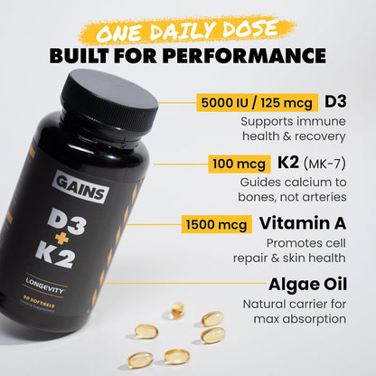 Gains in Bulk D3 K2 Supplement 5000 IU, 60 Softgels