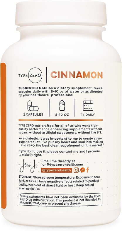 Type Zero Ceylon Cinnamon (1200mg) 120 Capsules, Gluten-Free, GMO-Free | Organic Cinnamon Bark Supplement, Natural