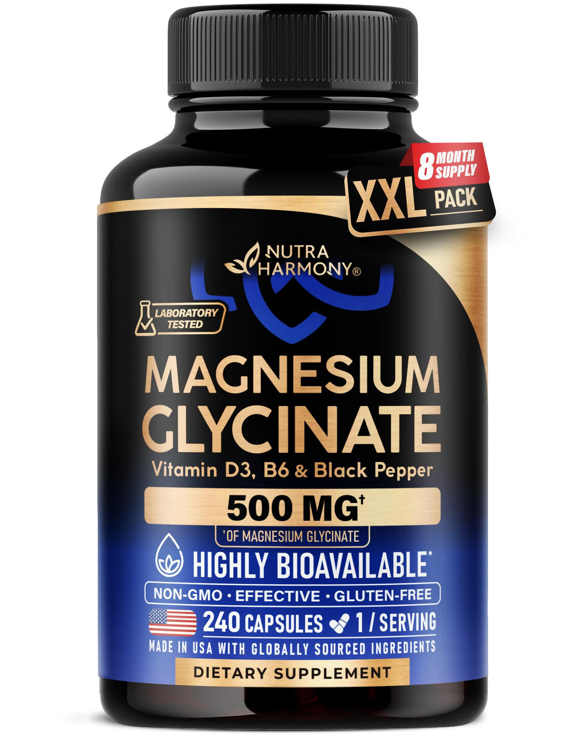 Magnesium Glycinate 500 mg - Chelated Supplement - High Absorption Form of Magnesium - Support for Sleep, Muscle & Heart Health - for Women & Men - Lab Tested & Non-GMO - 240 Capsules