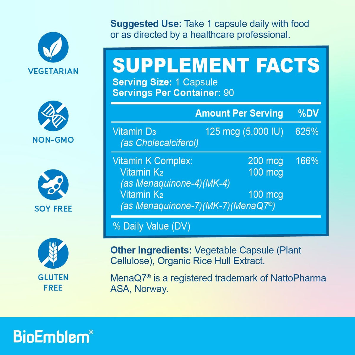 BioEmblem Vitamin D3 K2 Capsules (5000IU and 200mcg) and Magnesium Complex 60 Capsules