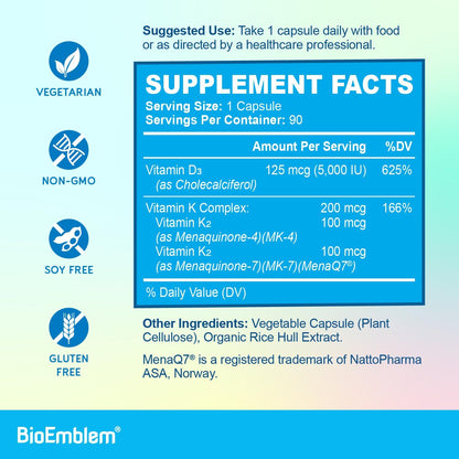 BioEmblem Vitamin D3 K2 Capsules (5000IU and 200mcg) and Magnesium Complex 60 Capsules