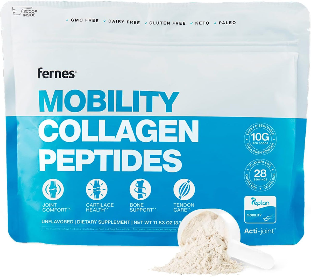 Mobility Collagen Peptides Powder - Glucosamine, Chondroitin, Hyaluronic Acid & Liposomal Vitamin C Joint Bone & Cartilage Support Grass-Fed Type I & III Keto & Paleo 28 Servings, 11.83 oz