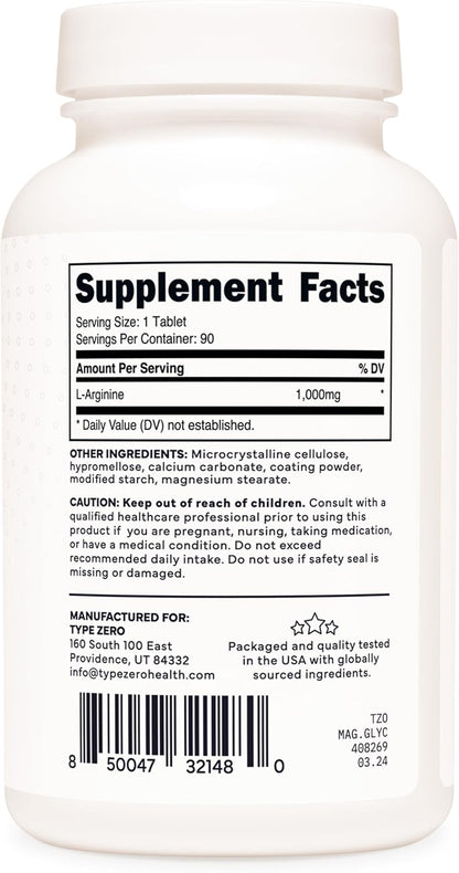 Type Zero L-Arginine 90 Tablets 1,000 mg per Serving - Non-GMO