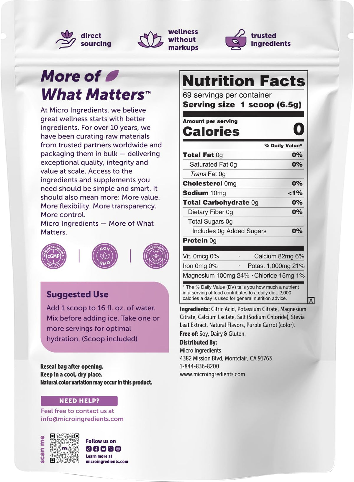 Micro Ingredients Electrolytes Powder, Sugar-Free Lemon Raspberry | 1,000 mg Potassium Per Serving. 139 Servings, 2 lb Bulk Supply, Hydration Drink Mix Powder. 0 Calorie, Keto Friendly. Non-GMO