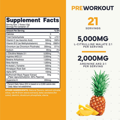 Type Zero Clean Stim Free Pre Workout Powder (Pineapple Mango) 21 Servings | Nitric Oxide Booster with L-Citrulline Malate, Arginine AKG, Beta Alanine, Caffeine & Stimulant Free