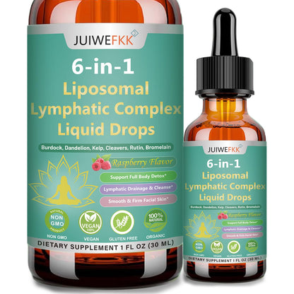 Two bottles of JUIWE FKK 6-in-1 Liposomal Lymphatic Complex Liquid Drops on a white background