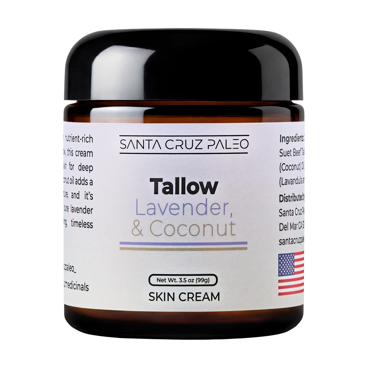 Santa Cruz Paleo, Suet Beef Tallow & Coconut Moisturizer, Organic, Grassfed Beef Tallow Skin Care, Non-Comedogenic Face & Body Moisturizer for Sensitive Skin, Coconut, 3.5 Oz