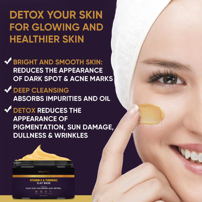 VALITIC Vitamin C & Turmeric Clay Mask - Dark Spot Corrector with Kojic Acid, Hyaluronic Acid & Retinol - Skin Care Routine for Minimizing Pores & Blackheads