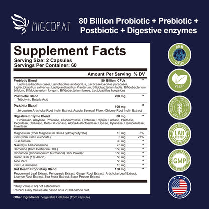 Migcopat Probiotic Prebiotic, Postbiotic & Digestive Enzymes for Digestive Health, 80 Billion CFU Probiotics Complete Gut Support with Berberine, Cinnamon, L-Glutamine