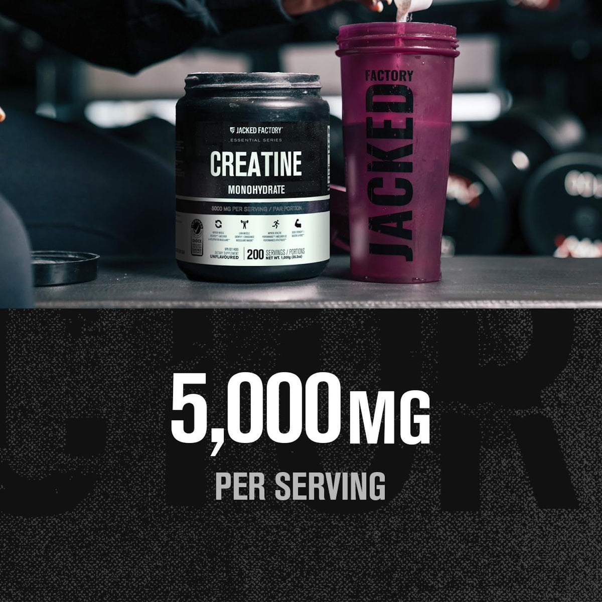 Suplement ​Jacked Factory Creatine Monohydrate Powder 1000g - 5g Daily Creatine Supplement for Men and Women, Vegan-Friendly, VelvetGlow USA