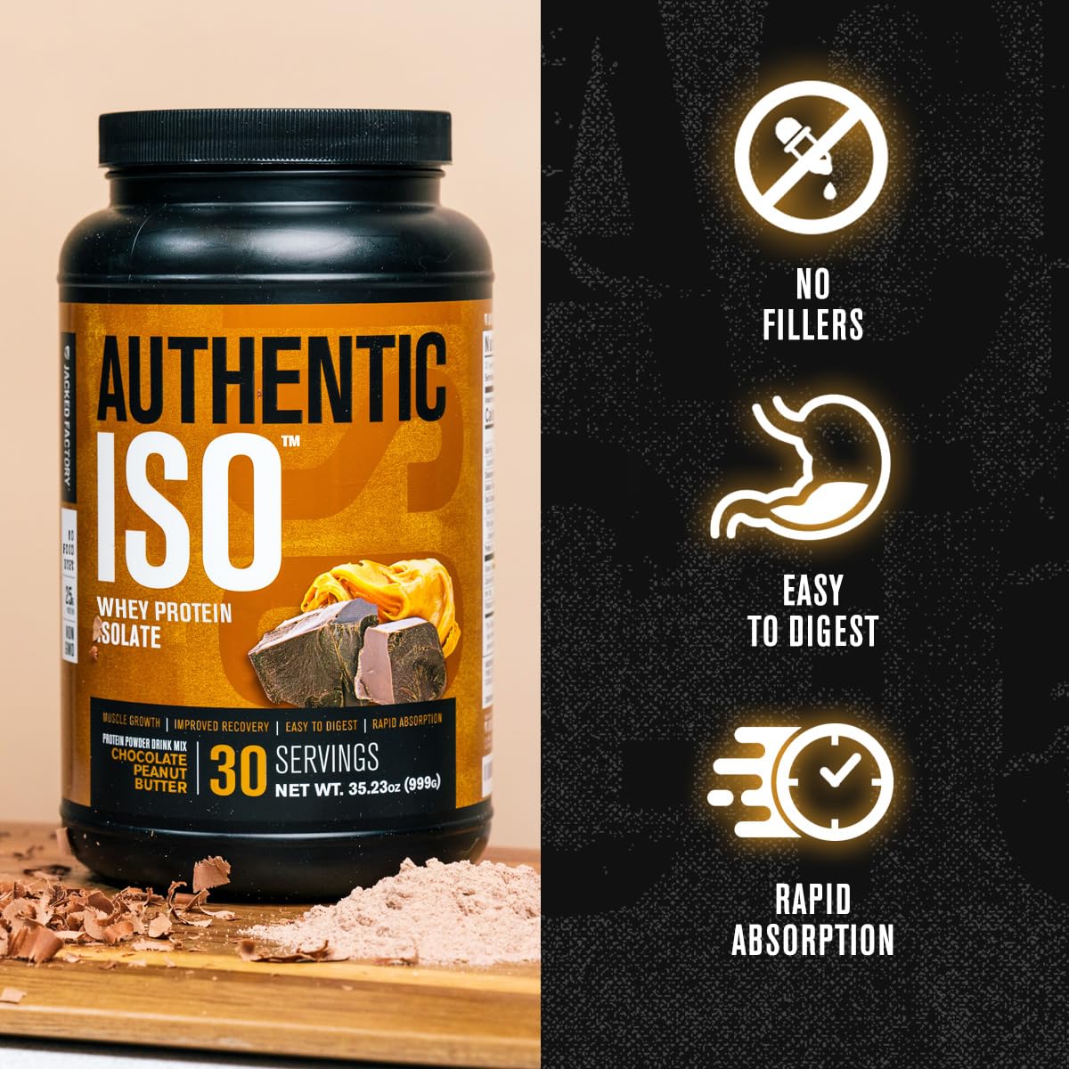 Jacked Factory Authentic ISO Grass Fed Whey Protein Isolate Powder - Low Carb, Non-GMO Muscle Building Protein w/No Fillers, Post Workout Recovery, Chocolate Peanut Butter - 25 Servings