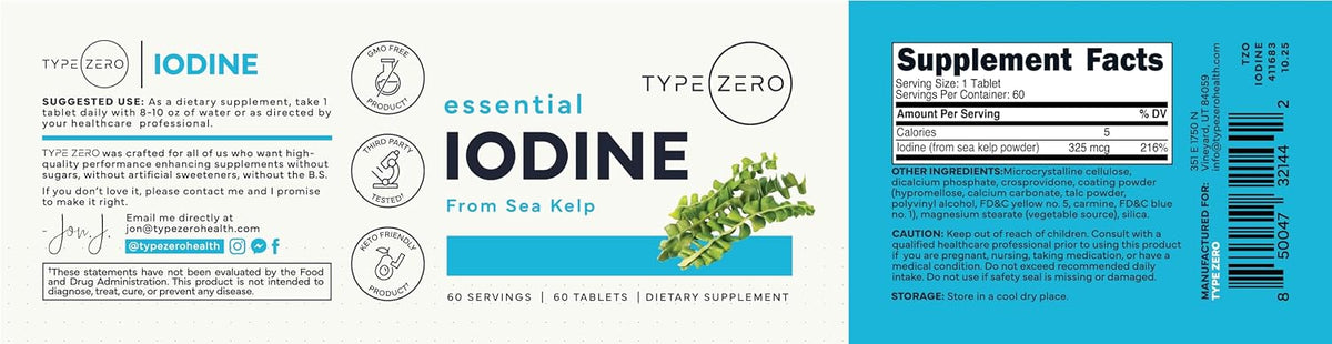 Type Zero Clean Iodine (325mcg) 60 Tablets, from Sea Kelp, Gluten-Free | GMO-Free