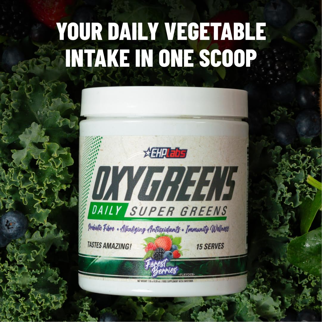 EHP Labs OxyGreens Super Greens Powder with Spirulina & Chlorella, Prebiotic Fiber, Probiotics & Digestive Enzymes – Antioxidant Green Superfood Supplement - 15 Serves (Pineapple)