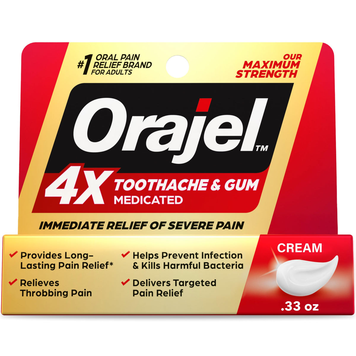 Suplement ​Orajel 4X for Toothache & Gum Pain: Severe Cream Tube 0.33oz- From Oral Pain Relief Brand - VelvetGlow USA
