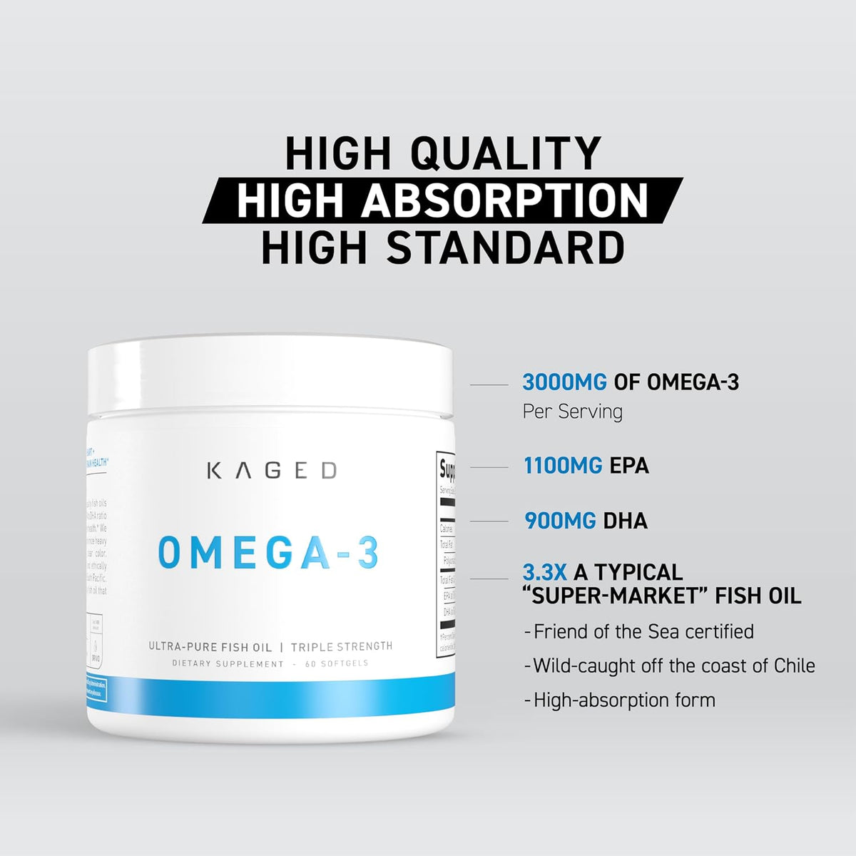 Kaged Omega 3 Fish Oil Supplement | 3000mg Omega 3 Fatty Acid with EPA & DHA | Ultra-Pure | No Fish Burps | 60 Pills