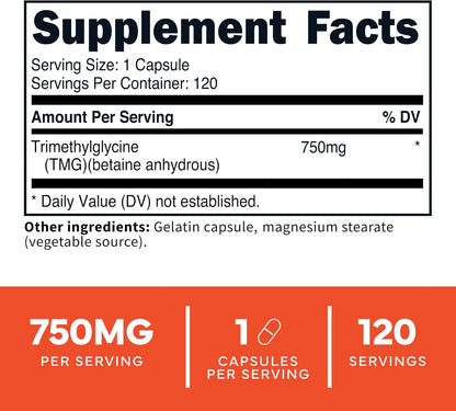 Type Zero Clean TMG (Trimethylglycine) 750mg, 120 Capsules, Gluten Free | GMO-Free