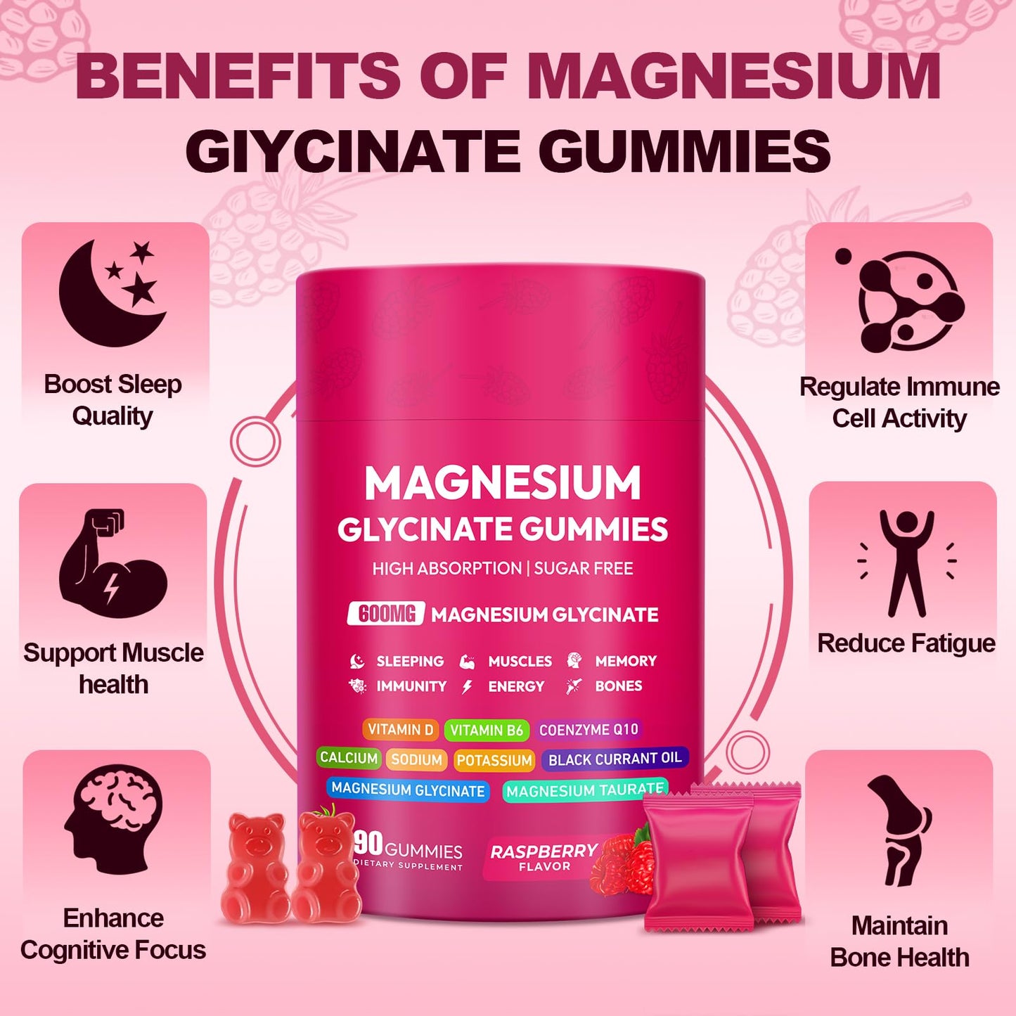 Magnesium Glycinate Gummies 600mg, High Absorption Magnesium Complex, Sugar Free Chewables Gummies with VitaminD & B6