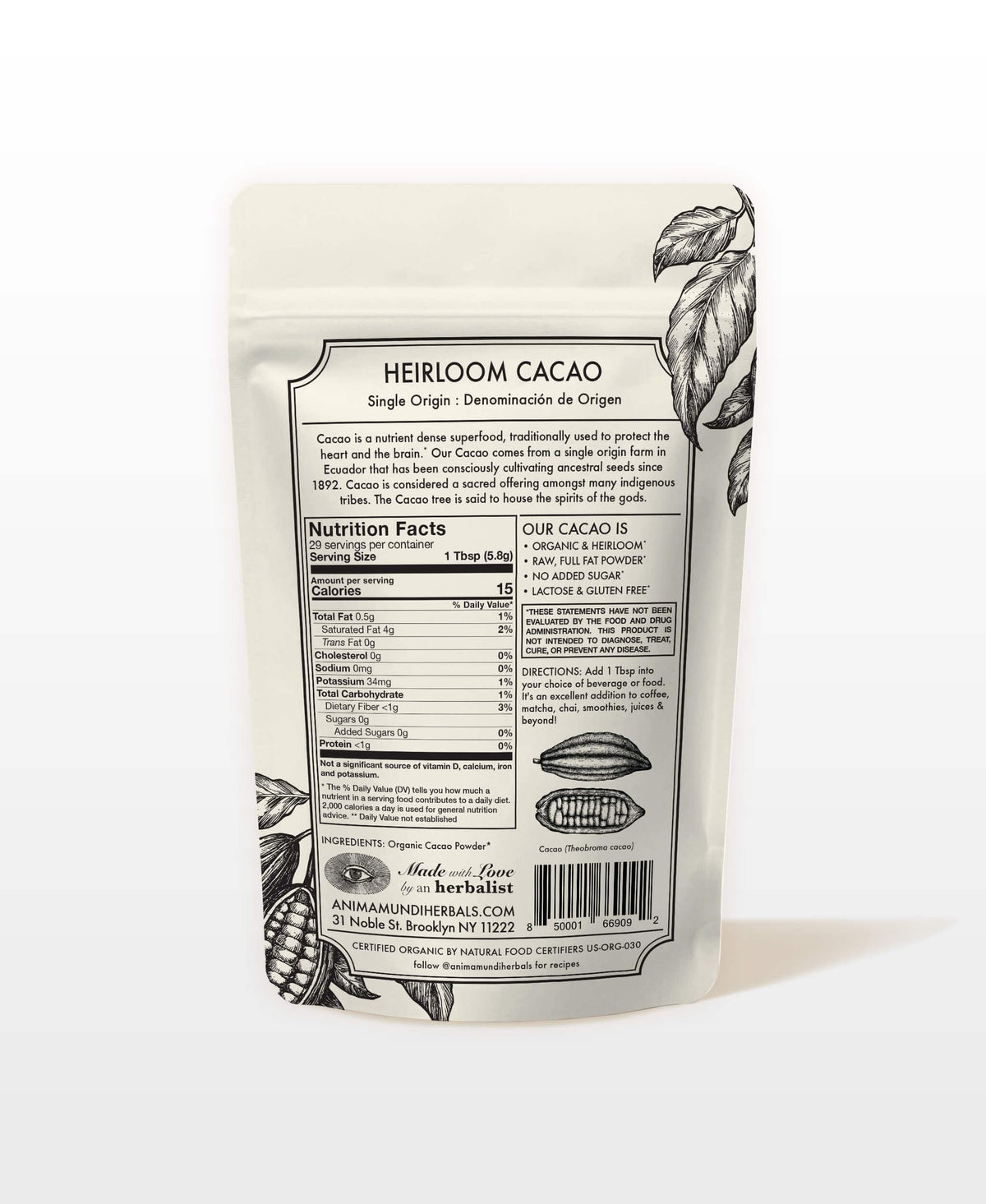 Suplement ​Anima Mundi Heirloom Cacao Powder - Organic Ancestral Seeds - Single Origin Ecuador Cacao Arriba Superfood for Ceremonial Rituals - Antioxidant-Rich - VelvetGlow USA