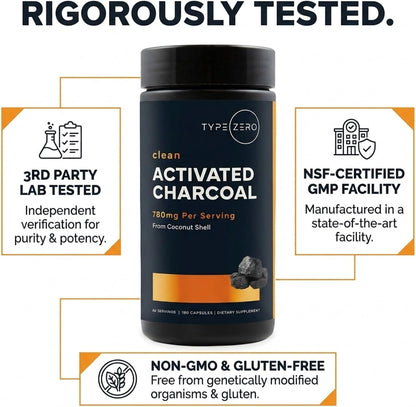 Type Zero Activated Charcoal (780mg) 180 Capsules, 60 Servings, Gluten-Free | From Coconut Shell, GMO-Free