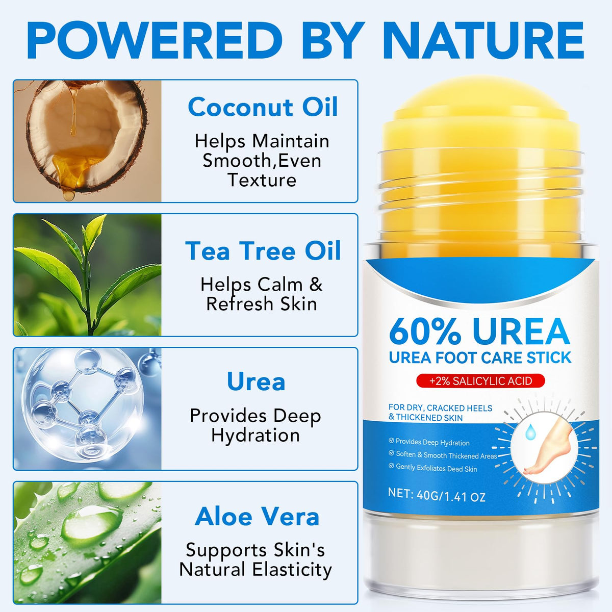 Urea Foot Cream Stick, 60% Urea Cream with 2% Salicylic Acid Foot Care Stick Moisturizer for Dry Cracked Heels, Knees, Hands, Moisturizes & Hydrates Dry Skin, Callus Remover & Skin Softener 1.41 oz