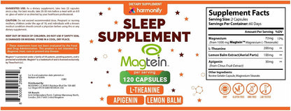 Magtein Magnesium L Threonate Supplement with L Theanine, Lemon Balm and Apigenin, High Absorption 120 Purified Veggie Capsules, 1400 mg, Gluten Free, Non-GMO, Vegetarian