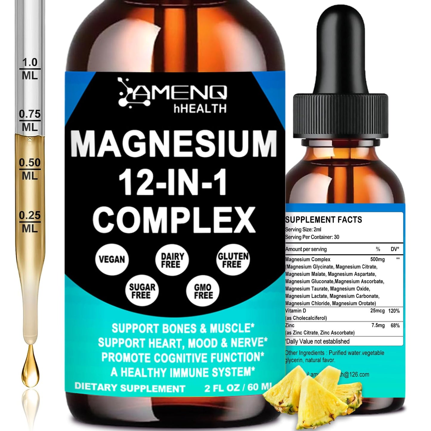 Bottle of Amen Q Health Magnesium 12-in-1 Complex supplement with dropper and pineapple slices on a white background.