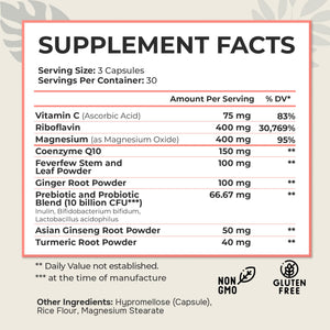 Dr. Munnerlyn MigraPro with Probiotics, Brain and Gut Health Support Supplement with Magnesium, Riboflavin, CoQ10, Ginger Root, Asian Ginseng, Vitamin C, Feverfew & Turmeric, Gluten Free, 90 Capsules Dr. MunnerlynBuy Supplements Australia