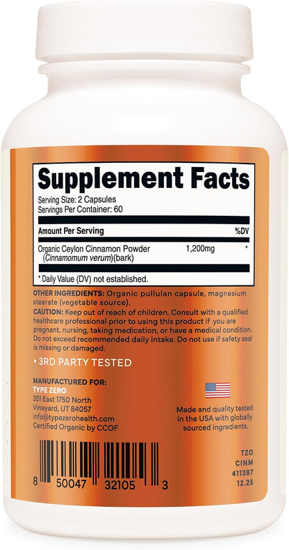 Type Zero Ceylon Cinnamon (1200mg) 120 Capsules, Gluten-Free, GMO-Free | Organic Cinnamon Bark Supplement, Natural