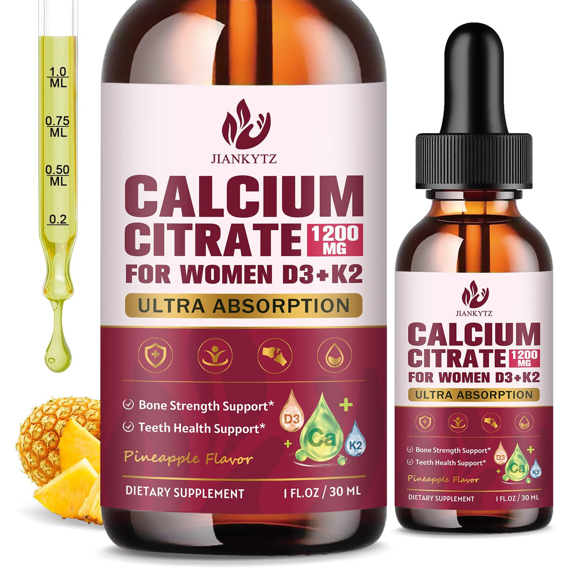 Suplement ​(2 Pack) Calcium Citrate with Vitamin D3 Liquid Drops for Women - Bones, Teeth, Immune Support, 1200mg Calcium Citrate Liquid Drops - VelvetGlow USA