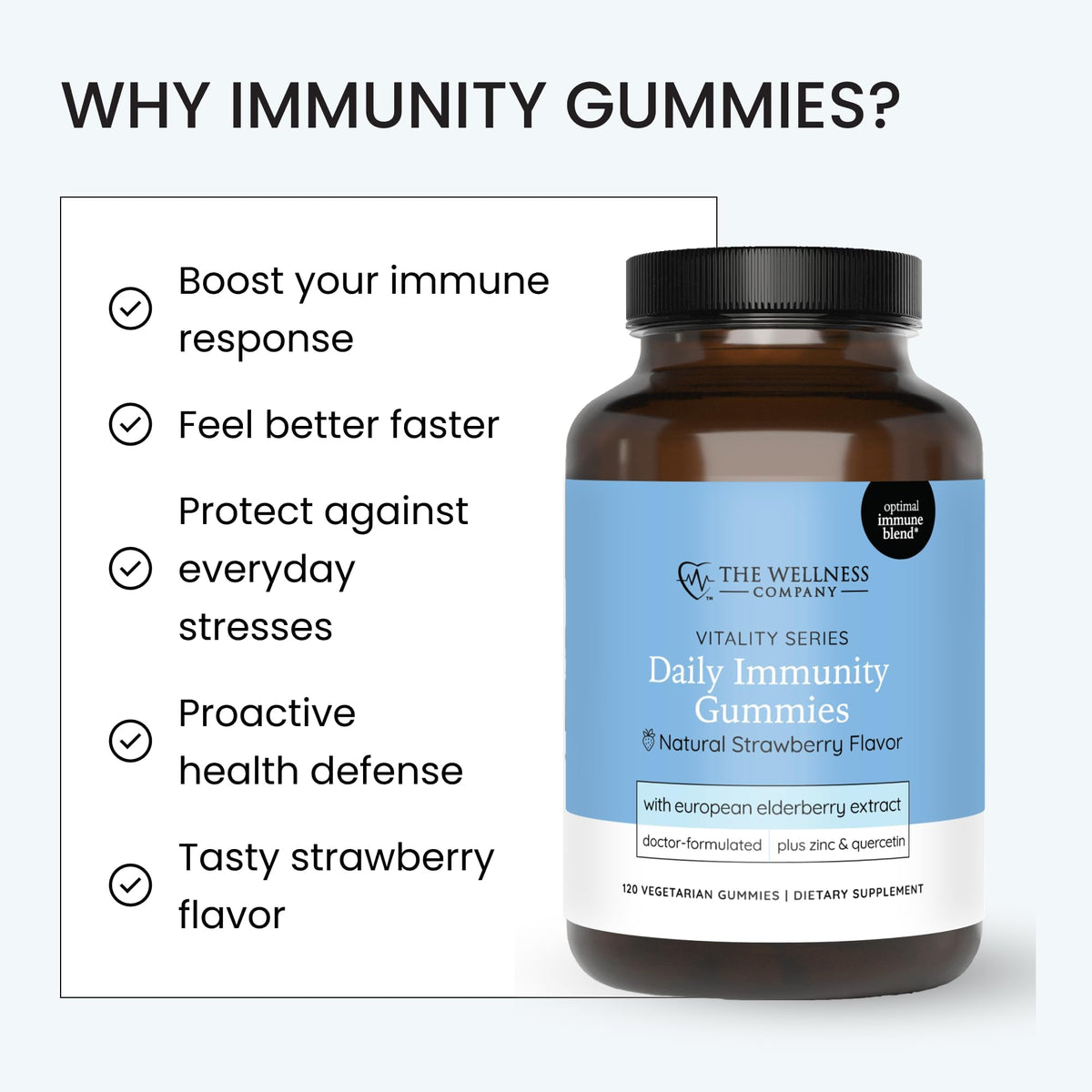 The Wellness Company Daily Immunity Gummies – Delicious Immune Boost - Elderberry, Zinc, Quercetin, Vitamins C & D | 120ct (2 Month Supply)