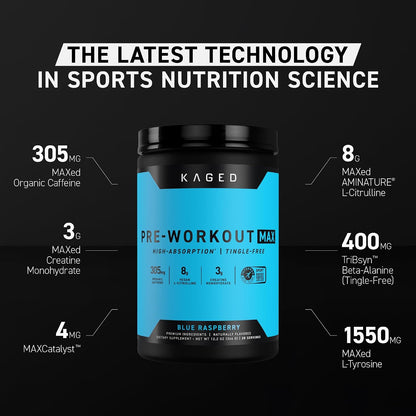Kaged Pre Workout MAX Powder | Blue Raspberry | Tingle Free, High Stim Pre-Workout | 305 mg Caffeine, Creatine, L-Citrulline | MAXCatalyst for Absorption | Supplements for Men & Women | 20 Servings