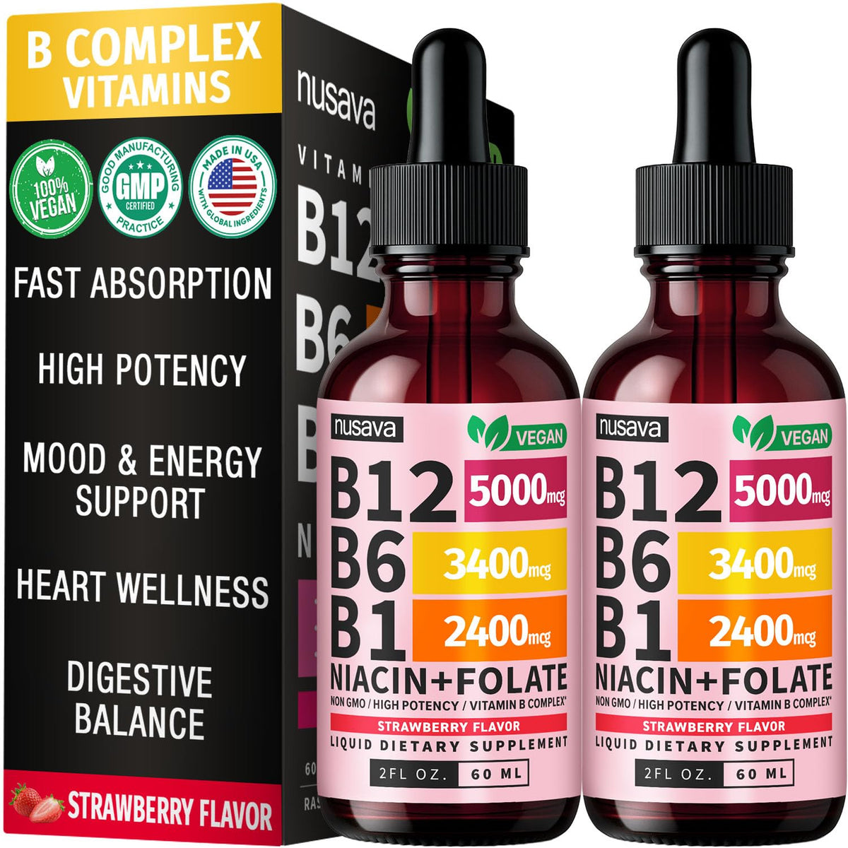 NUSAVA (2 Pack) Vitamin B12 Liquid Drops with B6, B1, Niacin & Folate — B12 Sublingual Vitamin B Complex, Methylcobalamin 5000 mcg, for Energy, Brain & Heart Support, Raspberry Flavor, 80 Servings