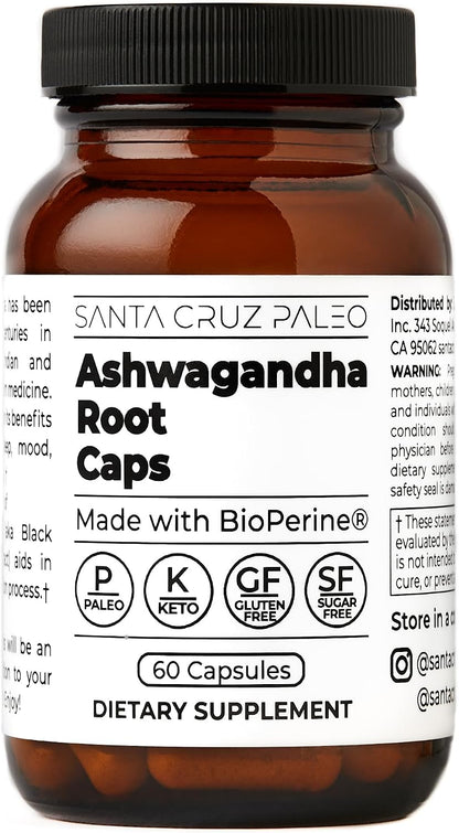 Santa Cruz Paleo Ashwagandha Capsules, 600mg Ashwagandha Root per Capsule, Gluten Free, Keto, Sugar Free, Paleo, Supports Energy, Focus, and Relaxation, BioPerine for Fast Absorption, 60 Capsules