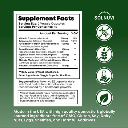 Beta Glucan & Fucoidan Brown Seaweed Extract - L Glutathione, Shiitake, Agaricus Blazei Mushroom, Vitamin C - Immune, Cellular, Healthy Aging Support - 90 Capsules, Non GMO, Gluten Free Supplement