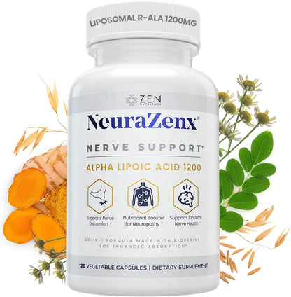 Zen Nutrients 1200mg Alpha Lipoic Acid R Matrix + Benfotiamine + B Complex Nerve Support - NeuraZenX Neuropathy Support Supplement with L-Carnitine and Turmeric (120 Capsules)