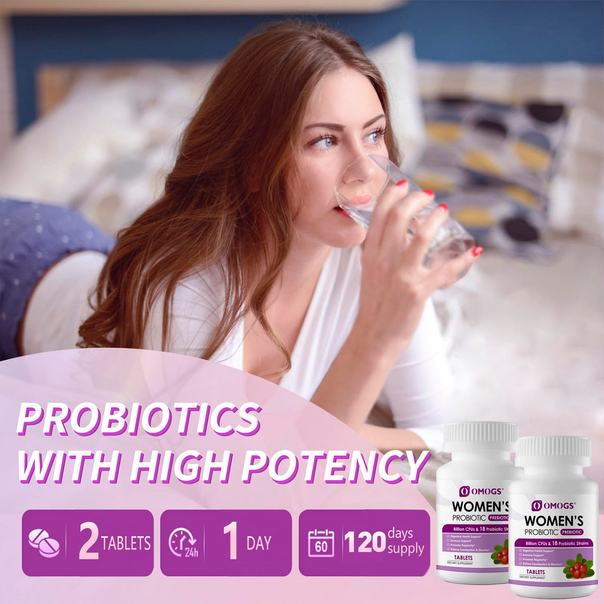 OMOGS Women's Probiotic, with Cranberry Extract, Organic Prebiotics & Vitamin C, 120 Billion CFUs,18 Strains, Help for Boost Immune, Digestive, Gut Health & Women's Health,120 Tablets