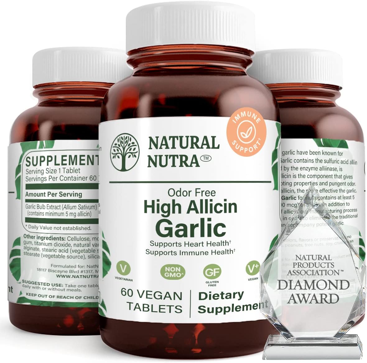 Natural Nutra High Allicin Garlic Supplement, Supports Immune System, Improve Heart Health, Improve Enzymes Health, Better Digestion, Fights Cold and Flu, Vanilla Coating, 500mg, 60 Vegan Tablets