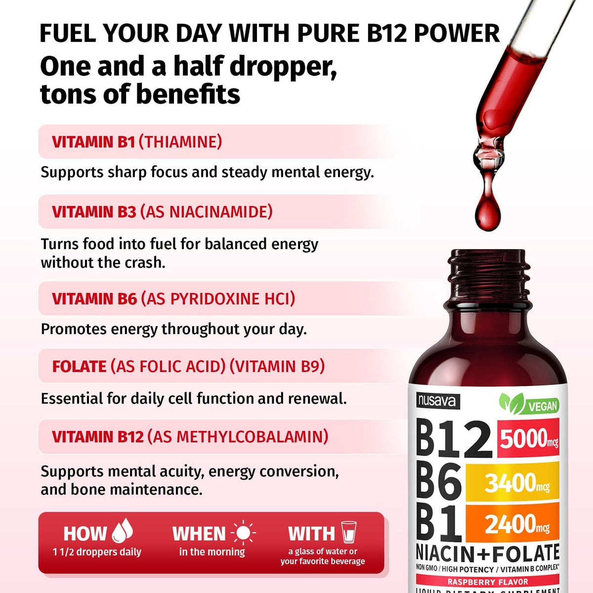NUSAVA Vitamin B12 Liquid Drops and Strawberry Flavored D3 K2 Bundle — Daily Wellness Liquid Vitamins for Energy & Immune Support — Non-GMO, Gluten-Free, 2pk Each