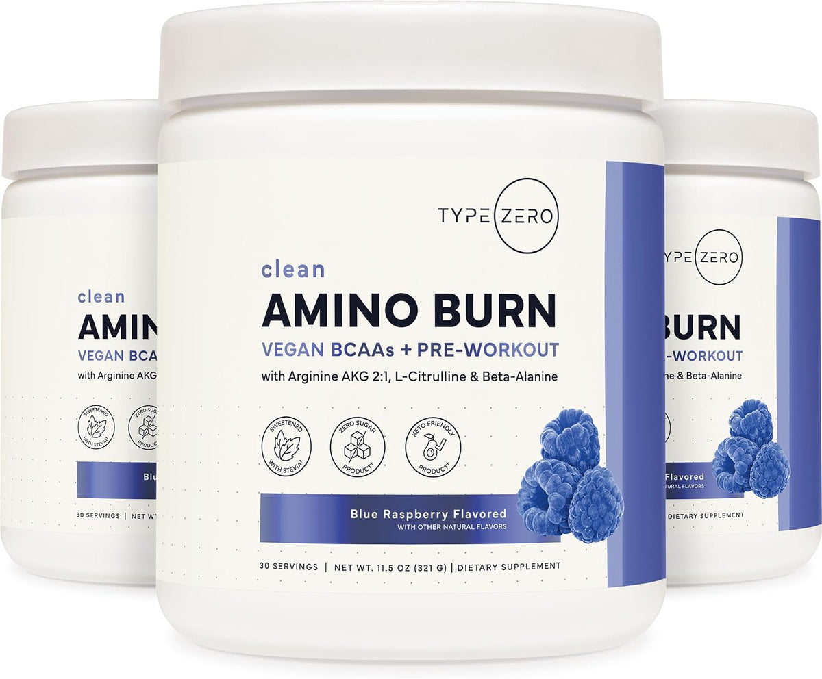 Type Zero Amino Burn (Blue Raspberry) 30 Servings, Clean Pre Workout | Vegan BCAA + Clean Pre Workout Powder with Arginine AKG, L-Citrulline & Beta Alanine, Endurance & Hydration Supplement