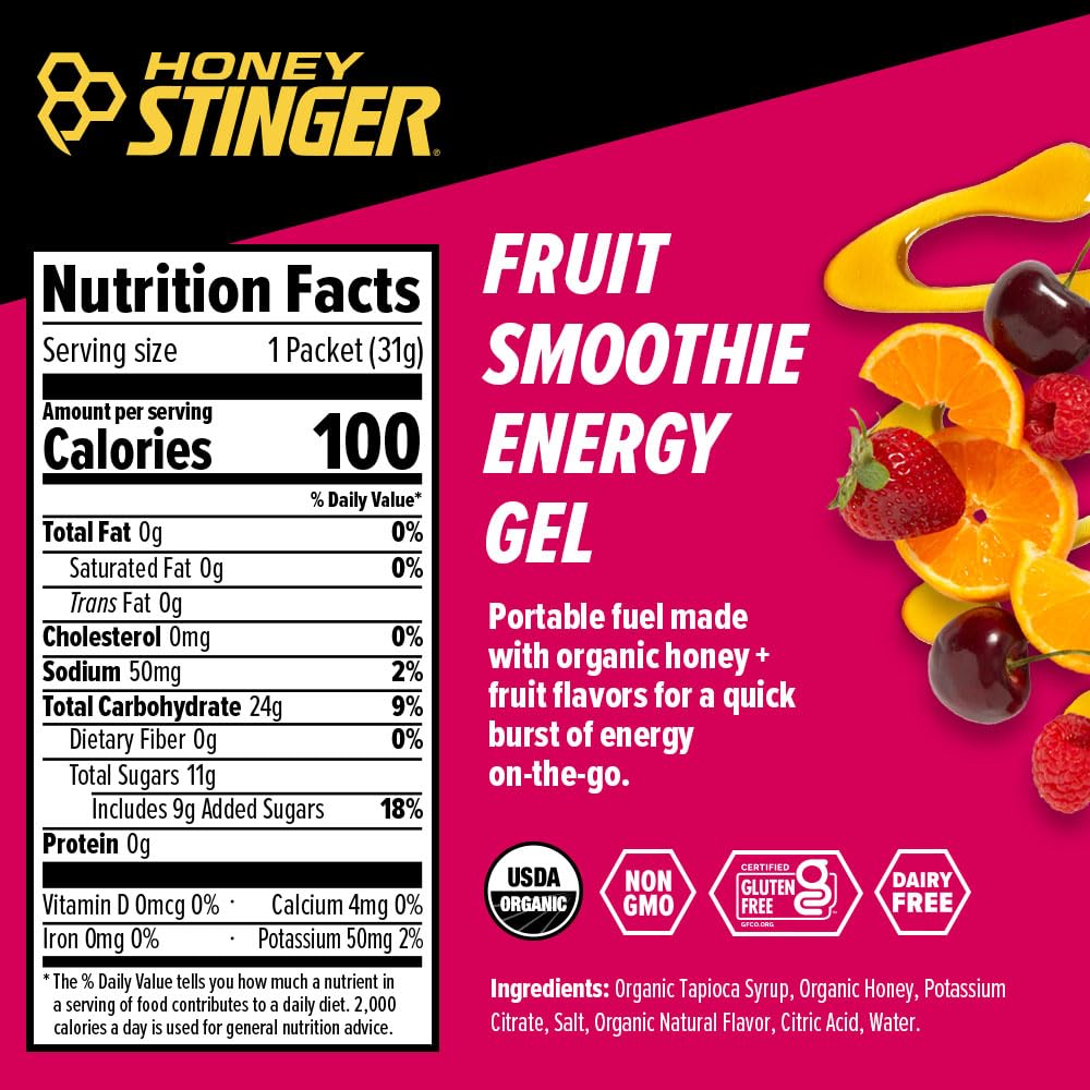 Suplement ​Honey Stinger Organic Fruit Smoothie Energy Gel, Gluten Free & Caffeine Free, for Exercise, Running and Performance, Sports Nutrition for Home & Gym, VelvetGlow USA