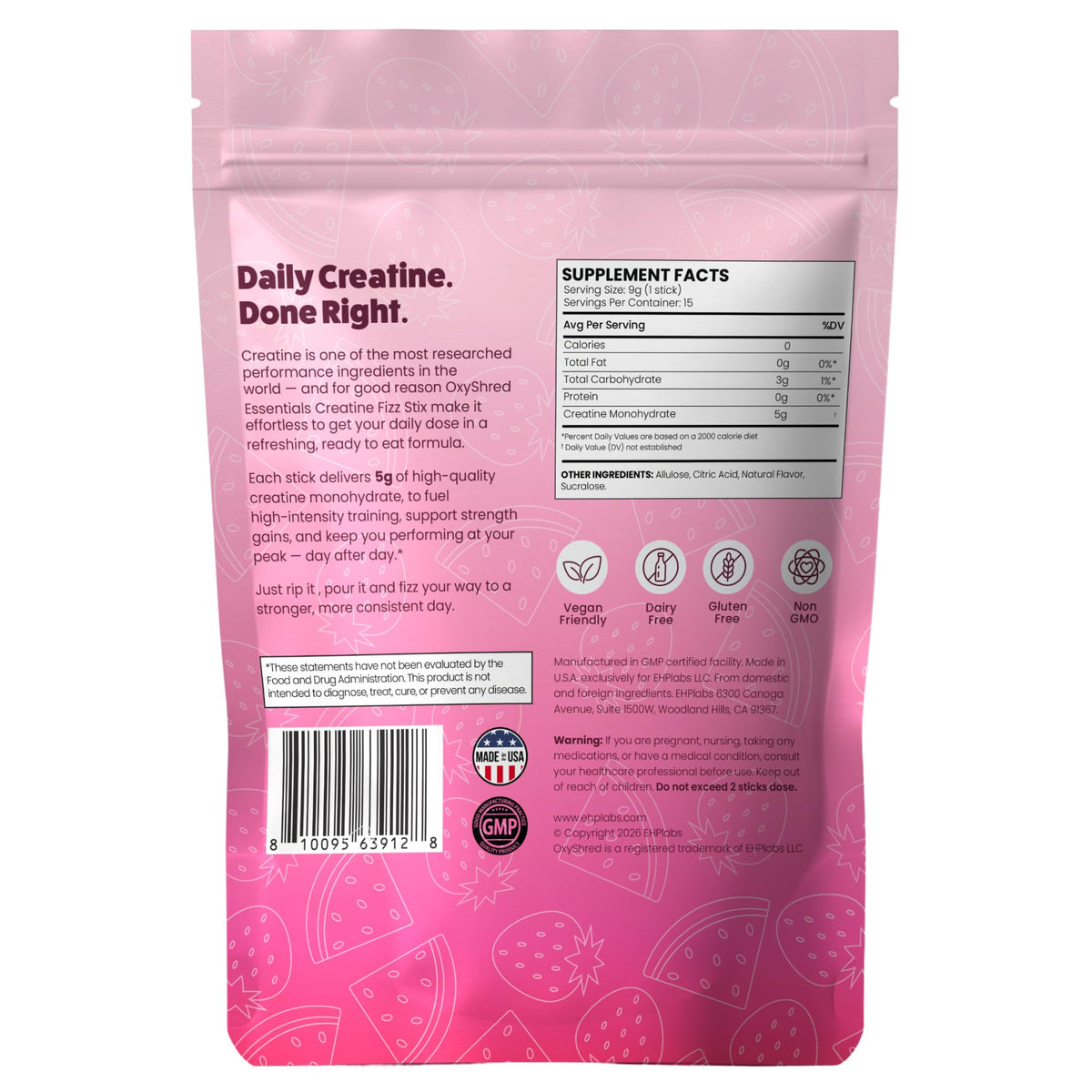 EHP Labs OxyShred Creatine Monohydrate Fizz Sticks, Cherry Slushie, 15 Pack | 5g Micronized Creatine Per Stick. No Water Needed, Zero Sugar, Vegan & Gluten Free. Single Serve On The Go.
