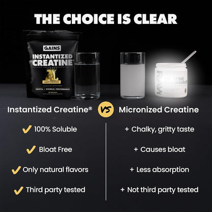 Gains in Bulk Instantized Creatine Monohydrate for Women and Men, Soluble Pre Workout Powder, Supports Muscle Building, Strength and Performance, Unflavored and Sweet Lemonade, 60 Servings