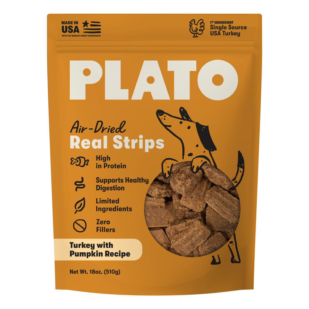 Plato Real Strips Turkey & Pumpkin Recipe Dog Treats, Air-Dried High-Protein Grain-Free Soft Strips with Real Pumpkin, 18 oz