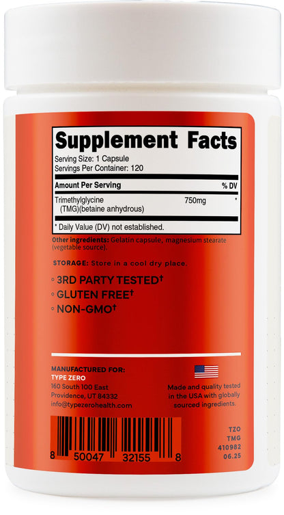 Type Zero Clean TMG (Trimethylglycine) 750mg, 120 Capsules, Gluten Free | GMO-Free