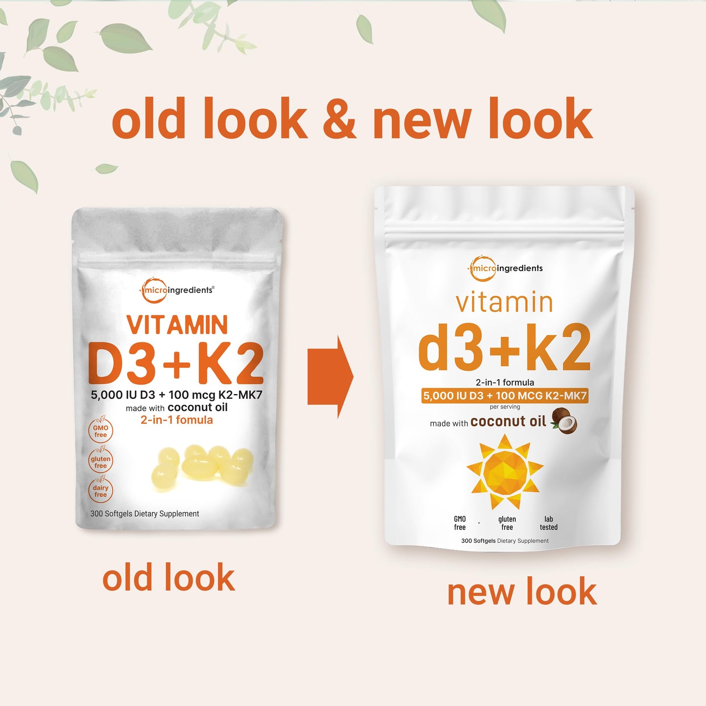 Micro Ingredients Vitamin D3 5,000 IU + K2 MK-7 100 mcg, 300 Softgels | Virgin Coconut Oil | 2-in-1 Support