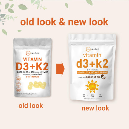 Micro Ingredients Vitamin D3 5,000 IU + K2 MK-7 100 mcg, 300 Softgels | Virgin Coconut Oil | 2-in-1 Support